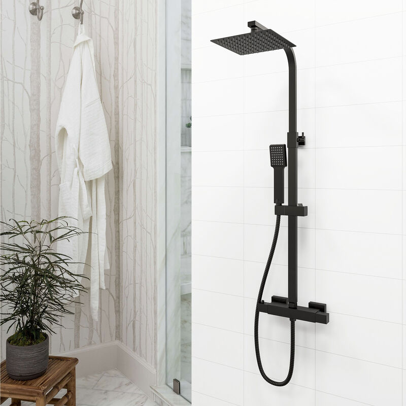 foto del prodotto aica italy colonna doccia con miscelatore termostatico, soffione doccia quadrato in acciaio inox 20x20cm nero opaco