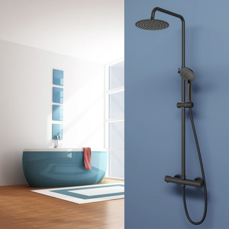 foto del prodotto aica italy colonna doccia con rubinetto termostatico e doccetta idromassaggio, soffione doccia rotondo in acciaio inox da 20cm, nero opaco