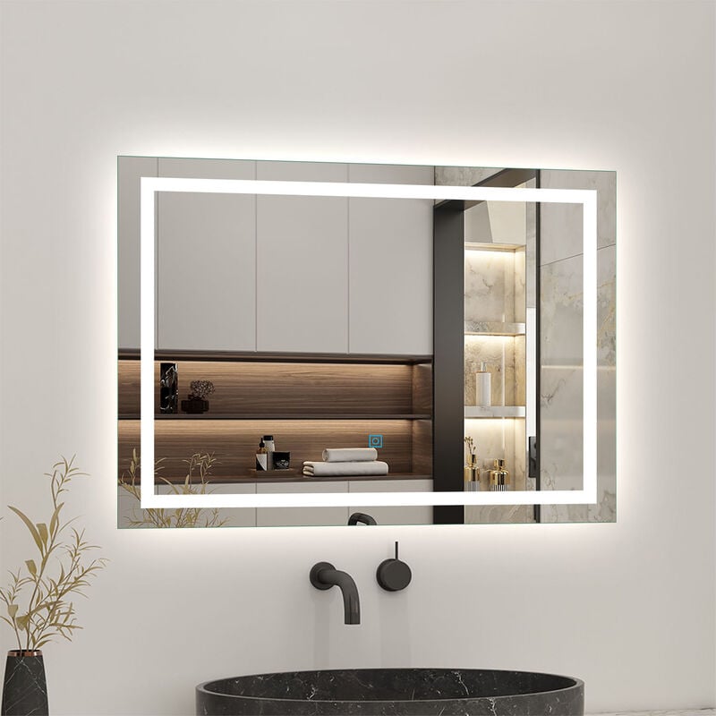 foto del prodotto aica specchio bagno con luce, specchio rettangolare 80x60 cm, specchio a parete, tocco interruttore, 6000k luce bianco, antiappannamento