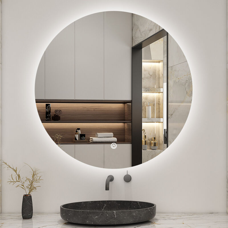 foto del prodotto aica specchio da bagno rotondo con led 70 x 70 cm, antiappannamento, interruttore a sfioramento retroilluminato 