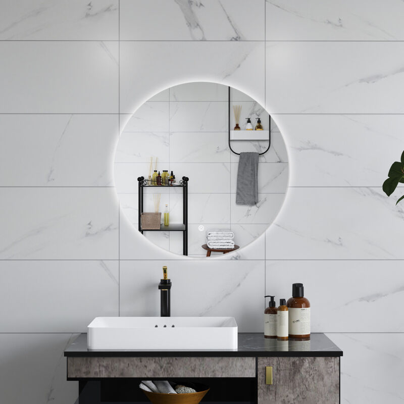 foto del prodotto aica specchio da bagno rotondo con led 70 x 70 cm, antiappannamento, interruttore a sfioramento retroilluminato 