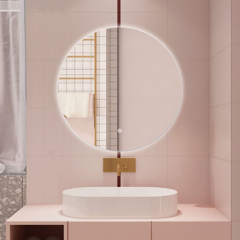 foto del prodotto aica specchio da bagno rotondo con led 80 x 80 cm, antiappannamento, interruttore a sfioramento retroilluminato 