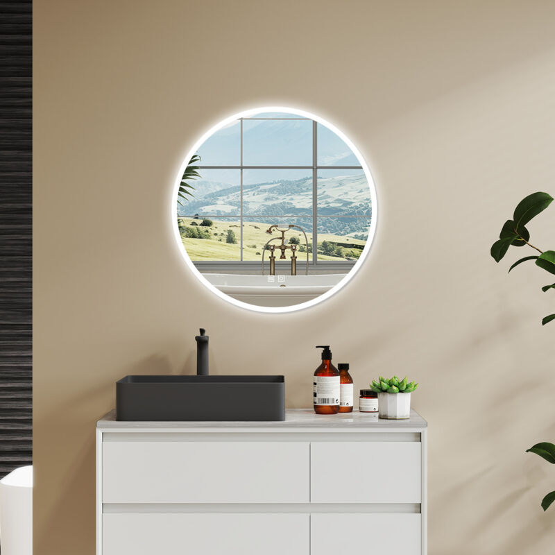 foto del prodotto aica specchio da bagno rotondo da 60cm con led, antiappannamento, 3 temperature colore