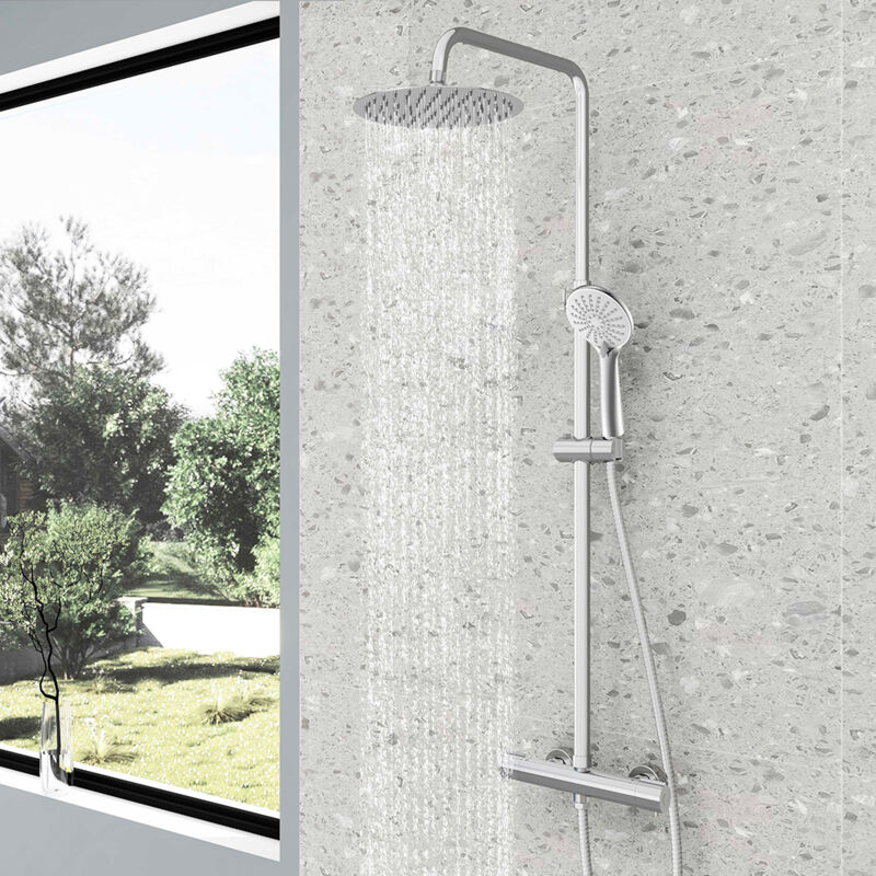 foto del prodotto aicait colonna doccia termostatica, cromo multifunzione colonna doccia con soffione rotondo 25x25cm, sistema doccia antiscottatura
