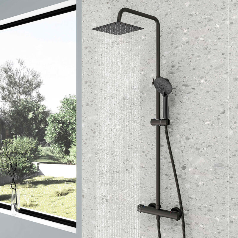 foto del prodotto aicait colonna doccia termostatica, nera multifunzione colonna doccia con soffione quadrato 20x20cm doccetta a 3 getti