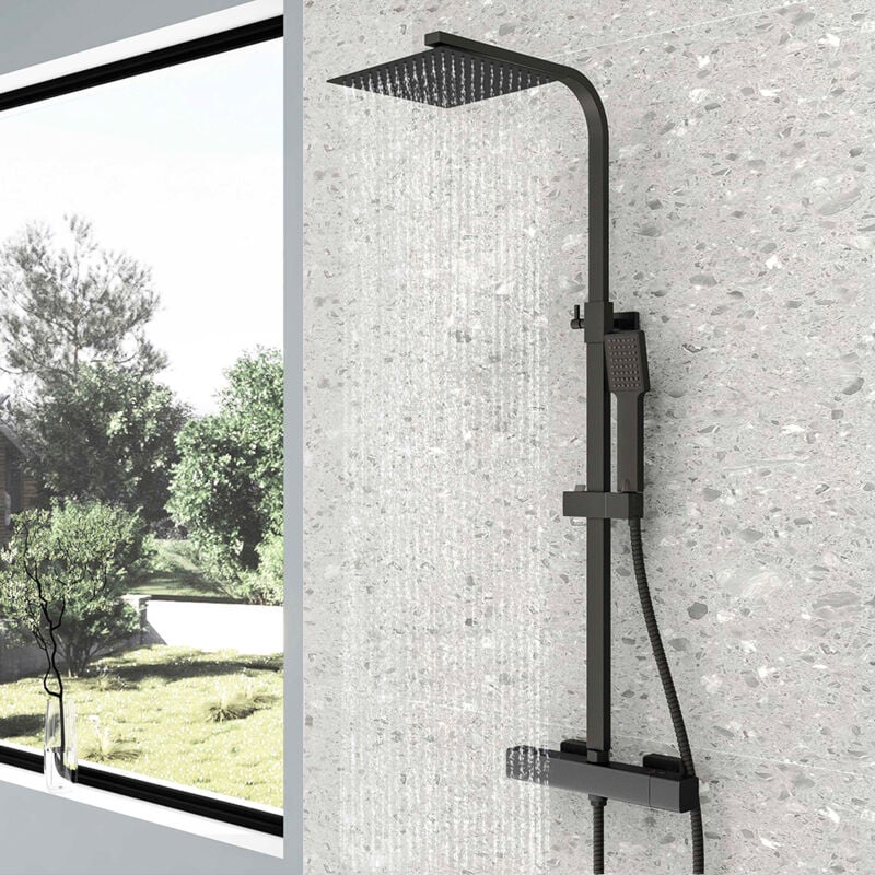 foto del prodotto aicait colonna doccia termostatica, nera multifunzione colonna doccia con soffione quadrato 25x25cm, sistema doccia antiscottatura