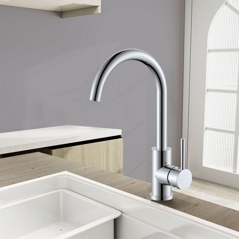 foto del prodotto aicait rubinetto cucina monocomando freddo e caldo miscelatore lavello cucina collo di cigno girevole 360 cromato