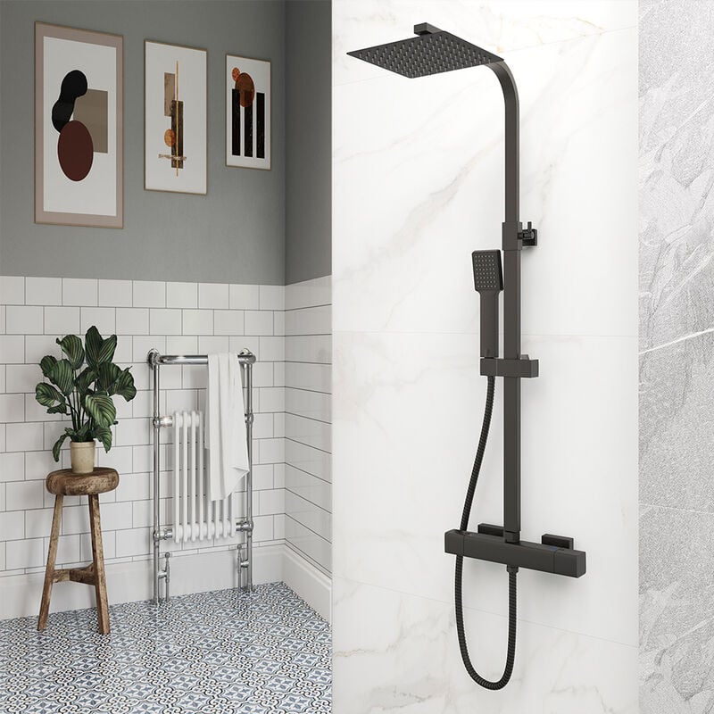 foto del prodotto aicait soffione doccia quadrato 20x20cm con doccetta quadrata 229x64mm, colonne doccia termostatiche con rubinetto 40mm, nero opaco