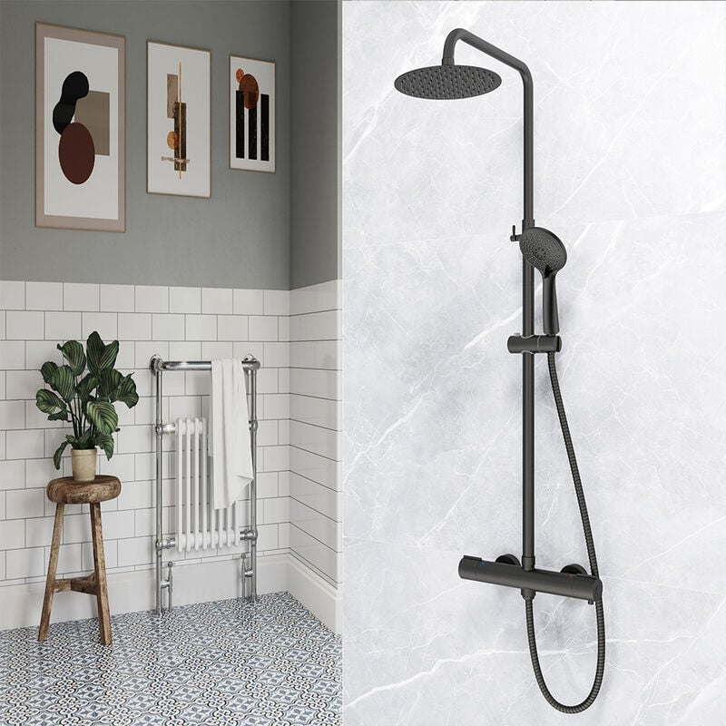 foto del prodotto aicait soffione doccia rontondo 20cm con doccetta a 3 getti, colonne doccia termostatiche con rubinetto 40mm, nero opaco