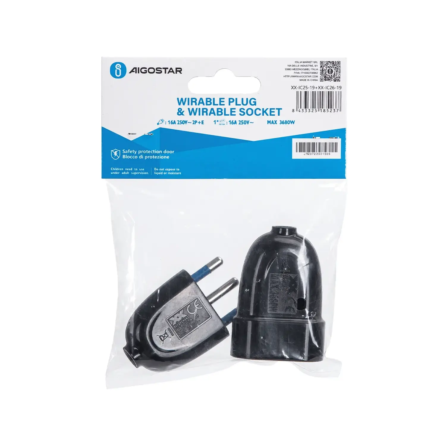 foto del prodotto aigostar kit spina e presa elettrica bipasso per prolunga p17 11 volante 16a nero