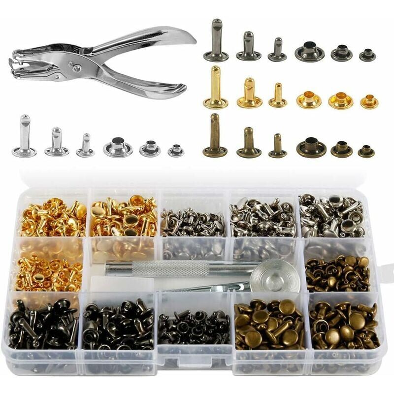 foto del prodotto aiperq 350 rivetti in pelle set doppio tappo, 3 misure rivetto tubolare in metallo con pinze a punzone e 3 pezzi di strumenti di fissaggio per