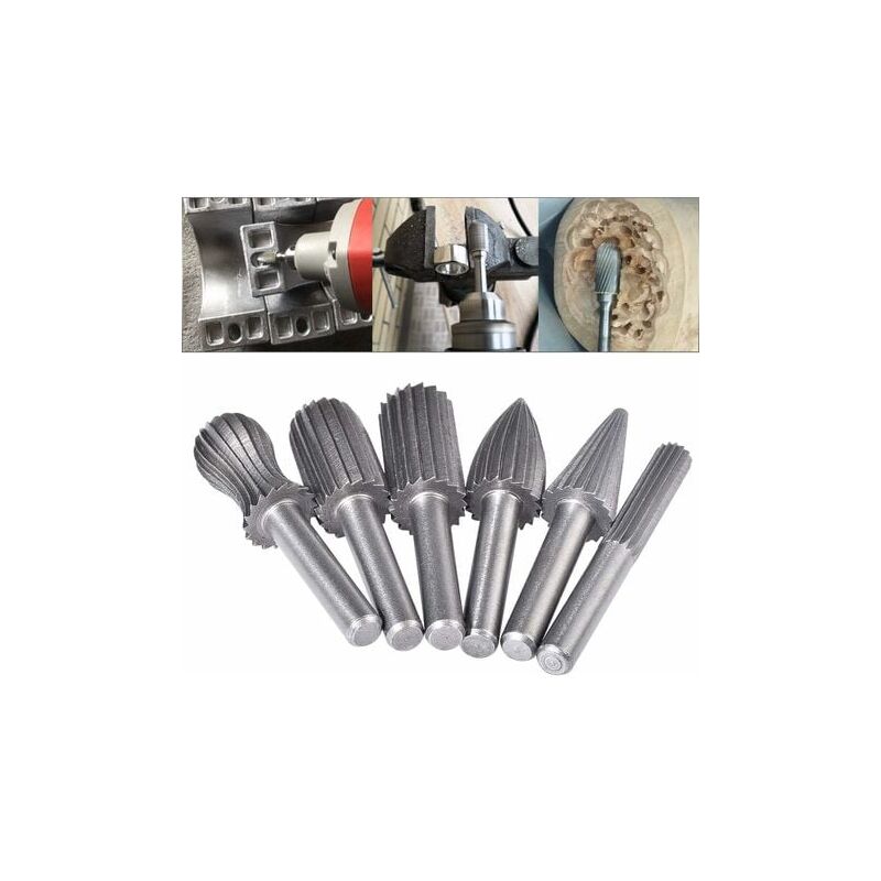 foto del prodotto aiperq 6 pezzi set di frese rotanti in tungsteno a doppio taglio, lime in tungsteno con gambo da 6 mm, punte per limatura incisione rettifica per