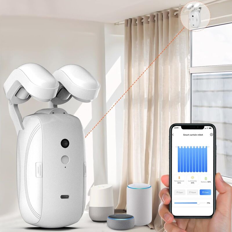 foto del prodotto aiperq apri tenda automatico intelligente, apri tenda elettronico, telecomando con app timer voce, sensore luce automatico, aggiungi gateway, per