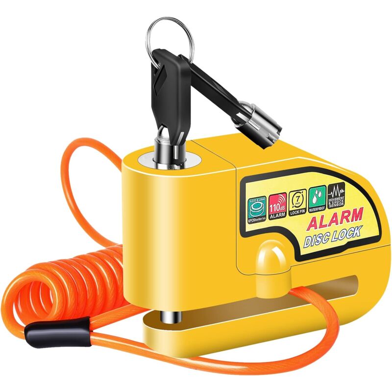 foto del prodotto aiperq blocca disco con allarme per moto, blocca disco antifurto, blocca disco per scooter con allarme da 110 db, 2 chiavi, cavo antifurto da 1,5