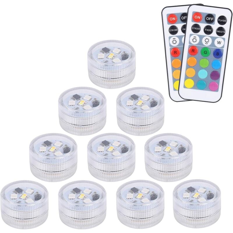 foto del prodotto aiperq confezione da 10 mini luci led sommergibili, luci subacquee aled light impermeabili rgb luci a candela led multicolori con 2 telecomandi per