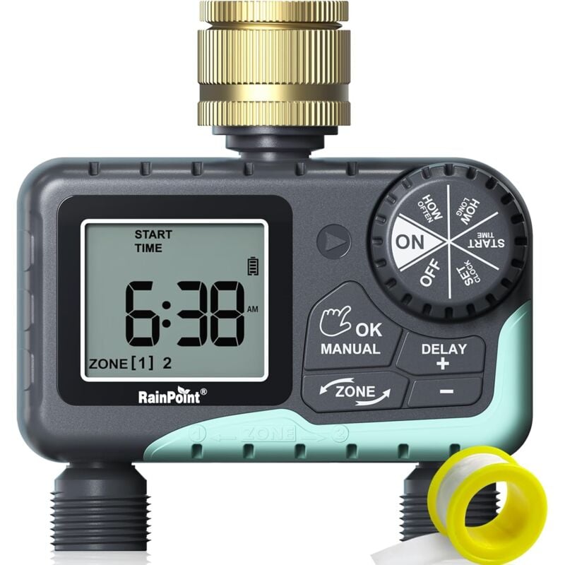foto del prodotto aiperq contatore per irrigazione a 2 uscite con giunto girevole in ottone irrigazione manuale automatica ritardo pioggia timer programmabile