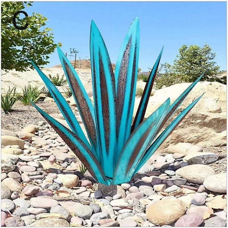 foto del prodotto aiperq decorazione da giardino in metallo e pianta di agave scultura rustica in metallo statua rustica da giardino 35 cm 9 foglie blu 