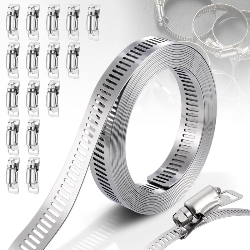 foto del prodotto aiperq fascetta stringitubo in acciaio inox 304 da 5 m, nastro perforato in metallo regolabile, 16 fascette stringitubo in acciaio inox per