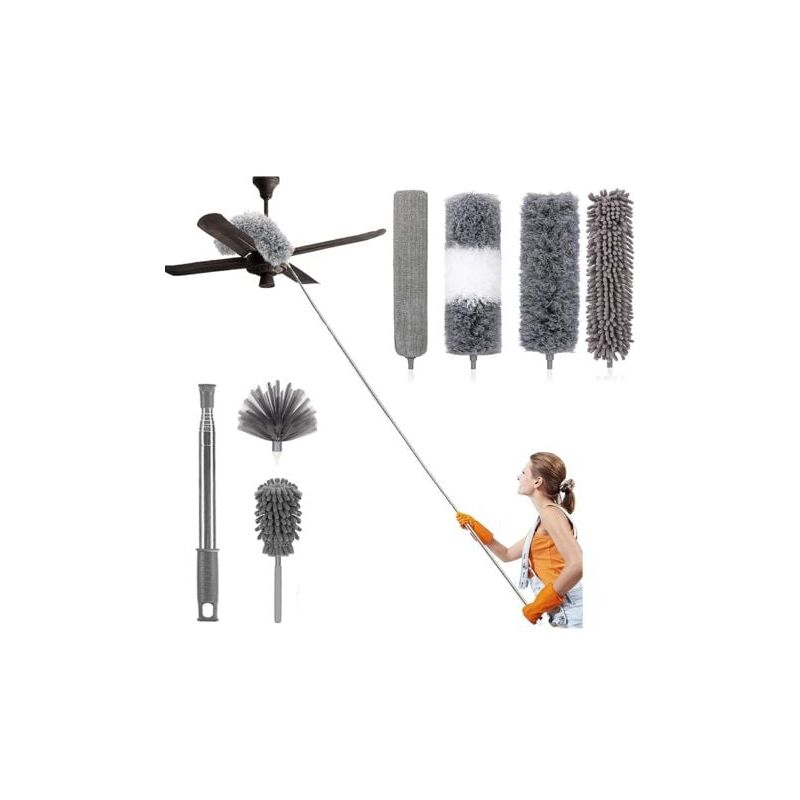 foto del prodotto aiperq kit di pulizia telescopico da 7 pezzi con spolverino in microfibra con manico in acciaio inossidabile lavabile, testine rimovibili e