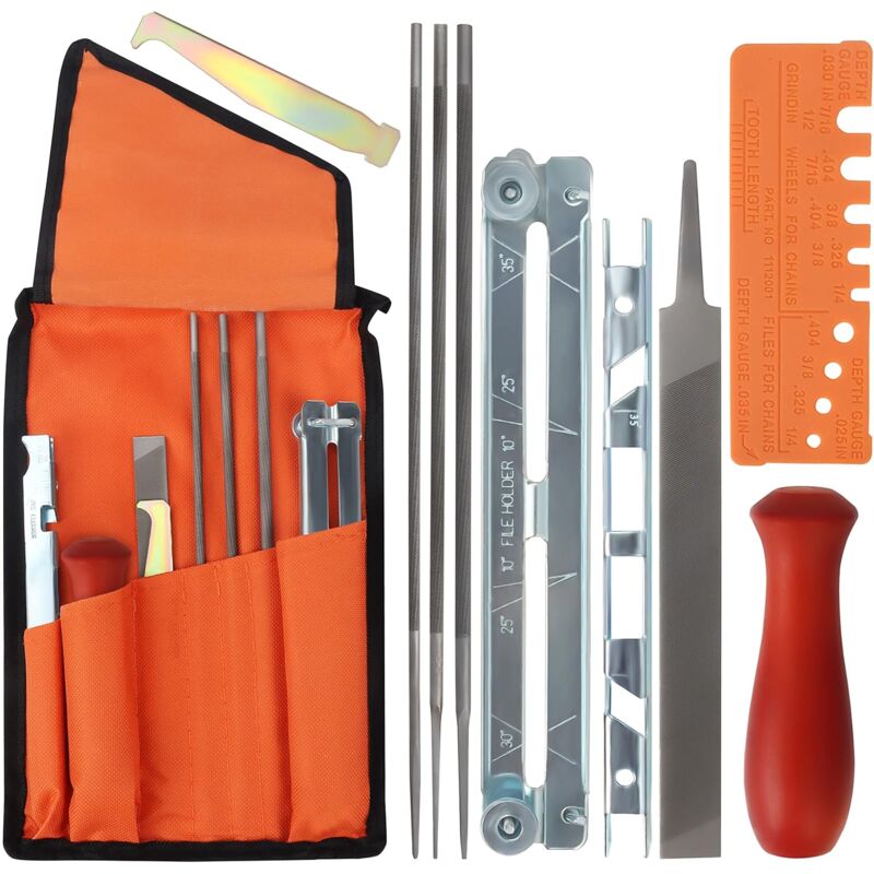 foto del prodotto aiperq kit per affilare la catena della motosega 1 lima piatta per affilare la motosega, 3 lame rotonde, manico in legno, calibro di profondit ,