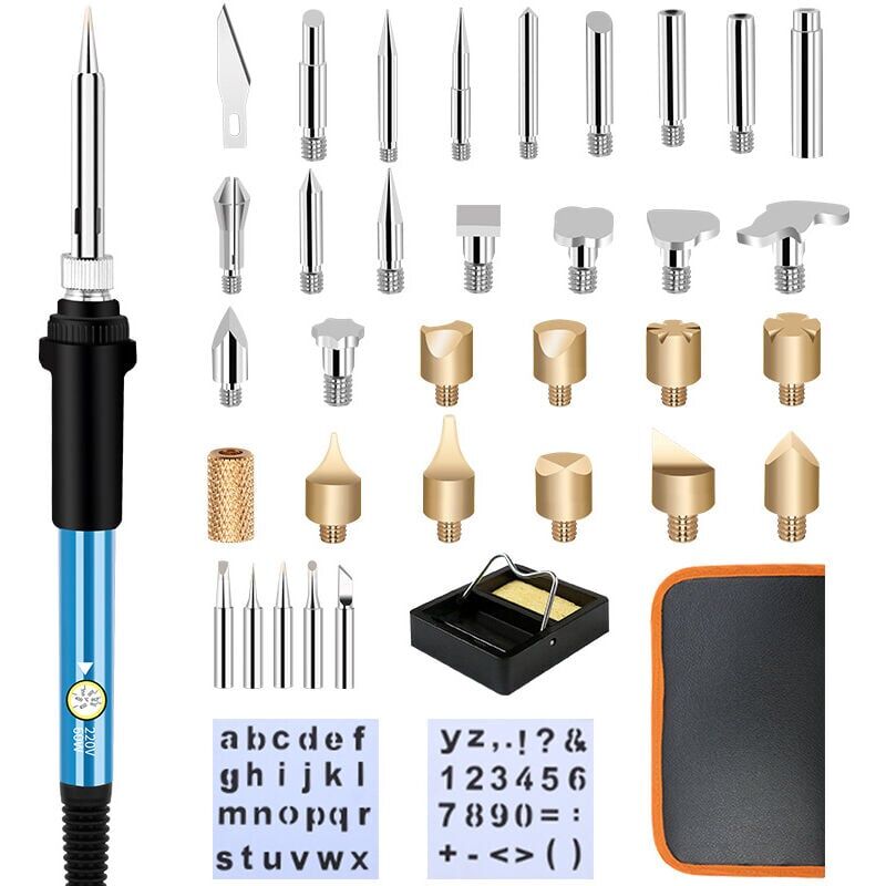 foto del prodotto aiperq kit per pirografia, saldatore, 37 pezzi, 60 w, per hobby e artigianato, incisore per tronchi di legno, sughero, pelle, incisione, intaglio