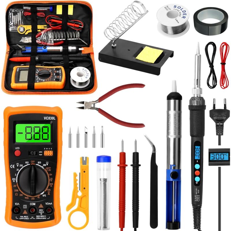 foto del prodotto aiperq kit saldatore, kit di saldatura da 60 w, temperatura regolabile 200 450 c, multimetro, 5 punte per saldatura, saldatore a stagno, filo per