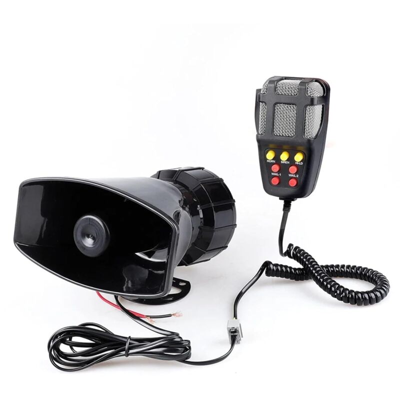 foto del prodotto aiperq megafono per auto, sirena d allarme, dc 12v 100w 125db, altoparlante di avvertimento in plastica per moto, auto, camion, polizia e pompieri