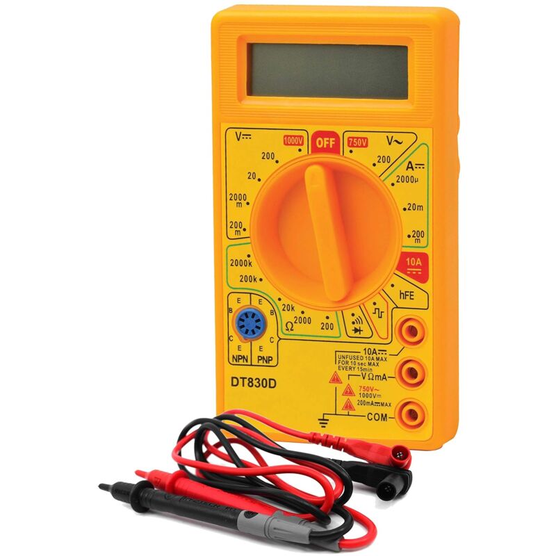 foto del prodotto aiperq multimetro digitale dt830d, mini multimetro giallo, multimetro per elettricisti, accensione spegnimento ac dc
