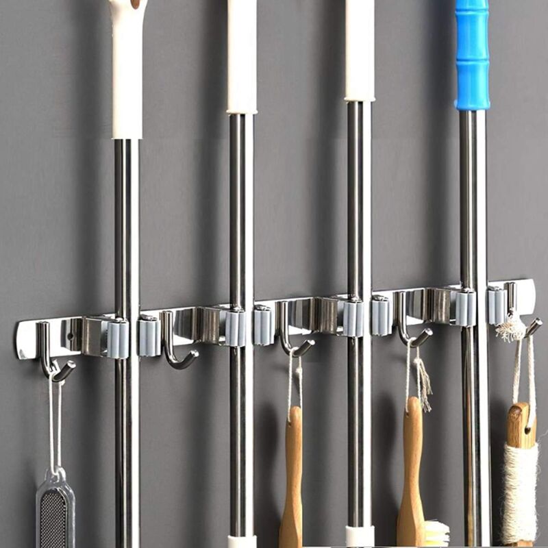 foto del prodotto aiperq porta scopa a parete, porta scopa in acciaio inox per cucina, garage, lavanderia 4 slot e 5 ganci 