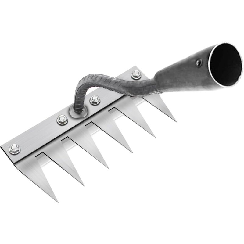 foto del prodotto aiperq rastrello da giardino multifunzionale in metallo, rastrello da giardino a 6 denti, rastrello da giardino portatile per diserbare senza