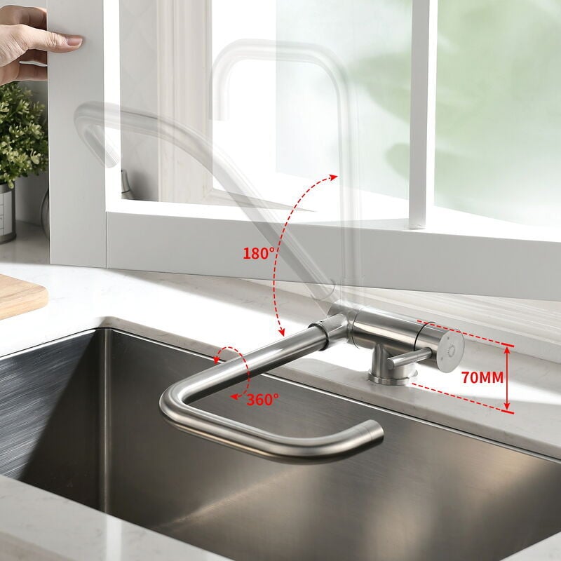 foto del prodotto aiperq rubinetto da cucina abbassabile sotto la finestra con miscelatore da cucina pieghevole a 180 e girevole a 360 , disponibile caldo e freddo,