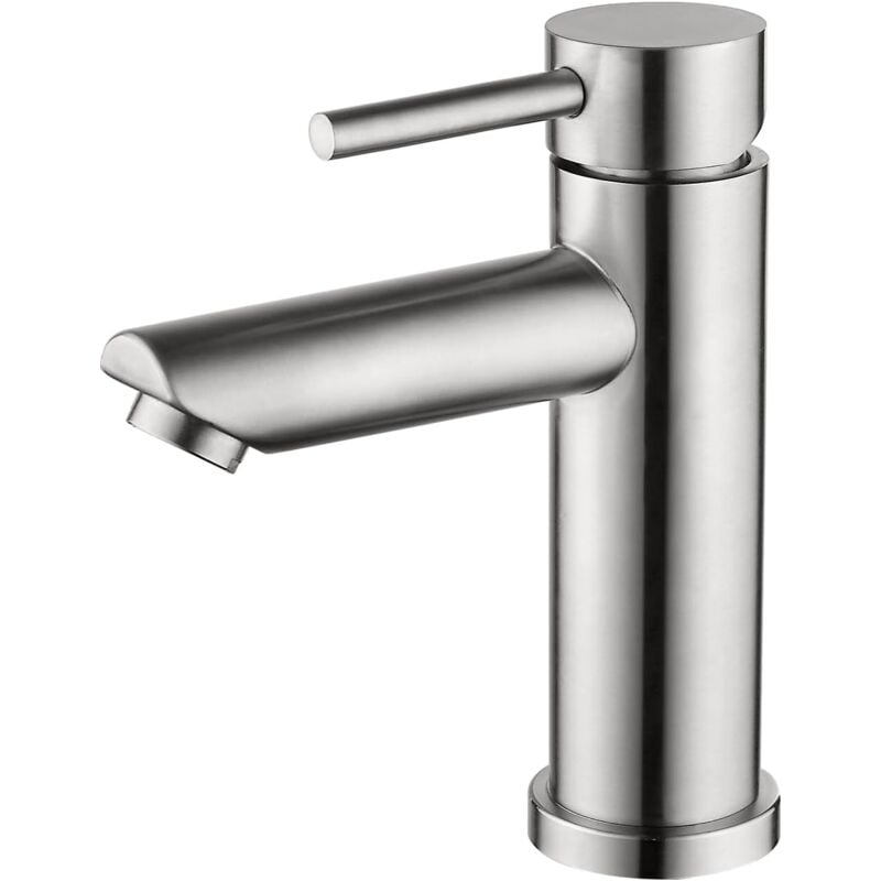 foto del prodotto aiperq rubinetto per lavabo moderno, miscelatore monocomando in acciaio inox, cartuccia in ceramica silenziosa, acqua calda fredda, finitura grigia.