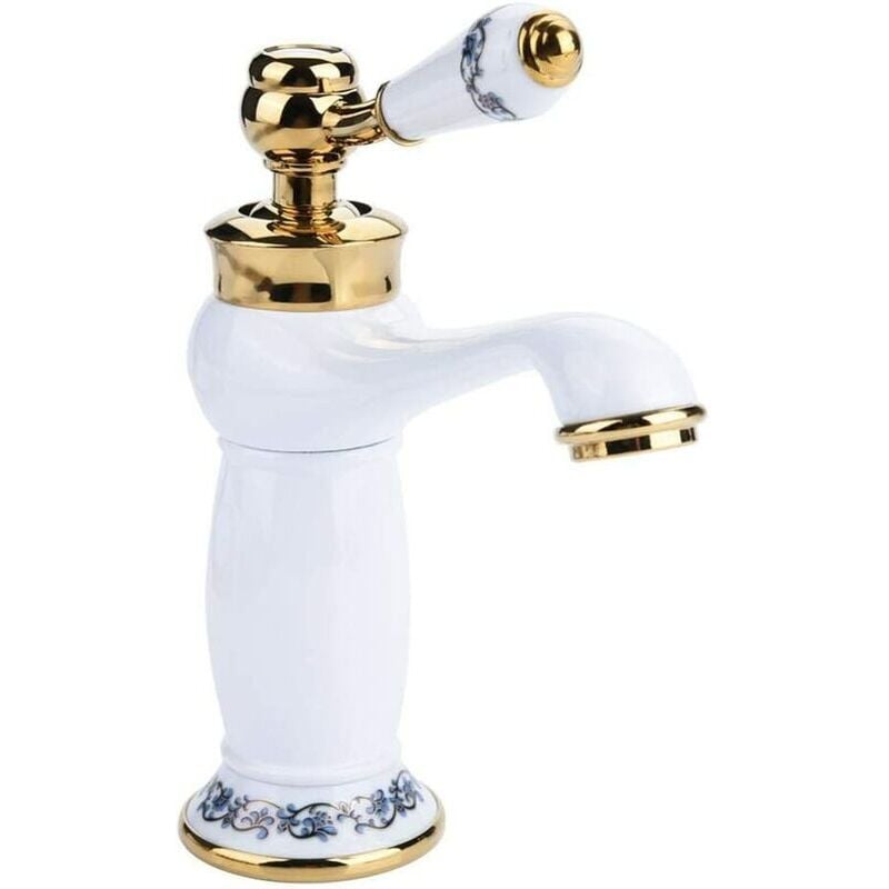 foto del prodotto aiperq rubinetto per lavabo retr con maniglia singola, rubinetto per lavabo in ceramica in ottone, porcellana blu e bianca, collo lungo, floreale