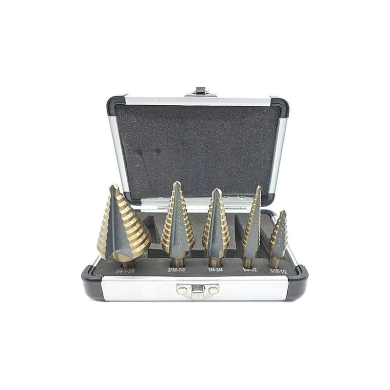 foto del prodotto aiperq set di 5 punte per trapano a gradini punte per trapano a gradini, con custodia professionale in alluminio, gambo esagonale, con tampone