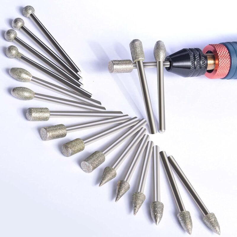 foto del prodotto aiperq set di frese diamantate per intaglio, 20 pezzi kit di lucidatura accessori per utensili rotanti gambo da 1 8 per intaglio, incisione,