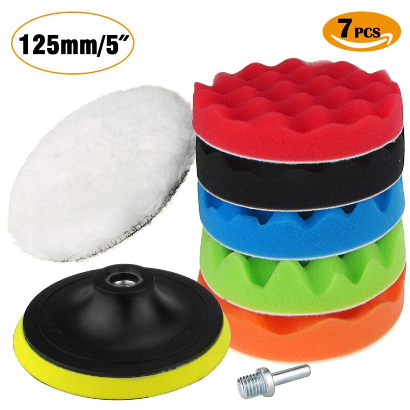 foto del prodotto aiperq spugna lucidante da 125 mm 5 pollici, spugna lucidante per auto e kit di ceratura per lucidatura in lana, tamponi lucidanti con adattatore
