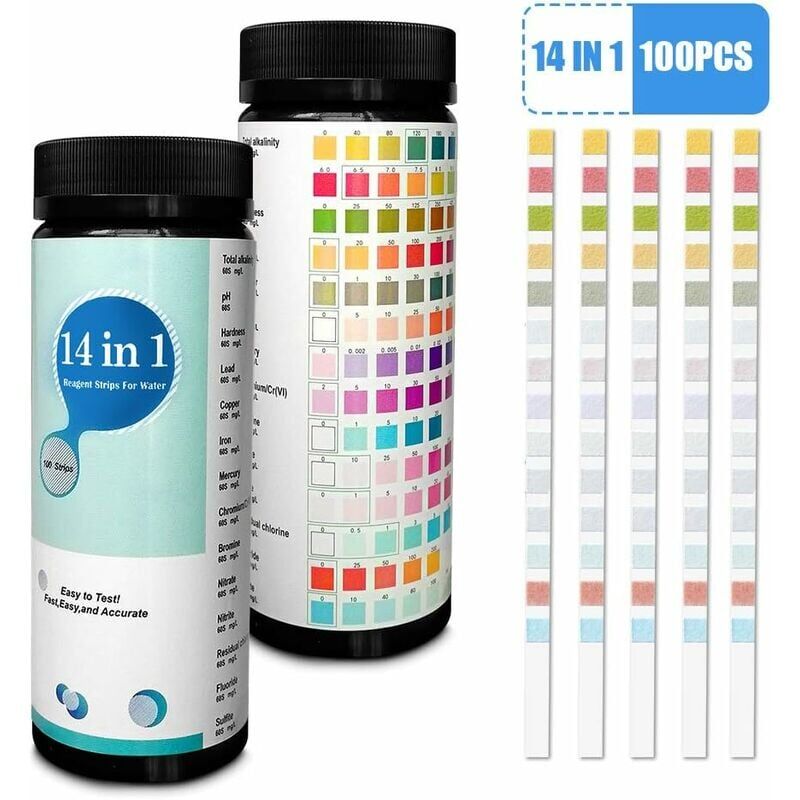 foto del prodotto aiperq strisce reattive per acqua potabile 14 in 1 per acqua di rubinetto per testare durezza, ph, bromo, nitrati e altro ancora in modo semplice e