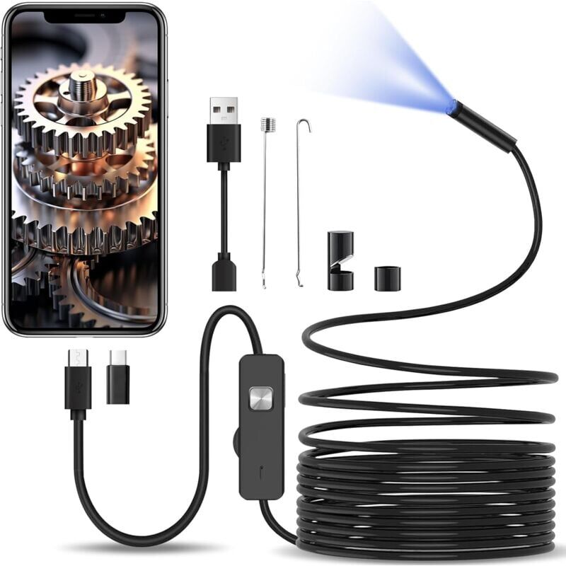 foto del prodotto aiperq telecamera endoscopica ymyny con luce, telecamera di ispezione con cavo semirigido da 10 m, endoscopio di tipo c da 8,0 mm e 6 led,