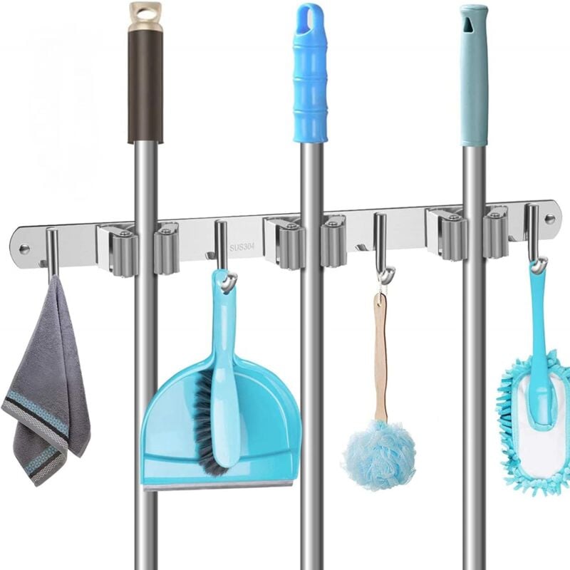 foto del prodotto aiperq ymyny 304 porta scopa da parete in acciaio inox, porta scopa da parete con 3 fessure e 4 ganci, porta scopa da parete rimovibile, porta