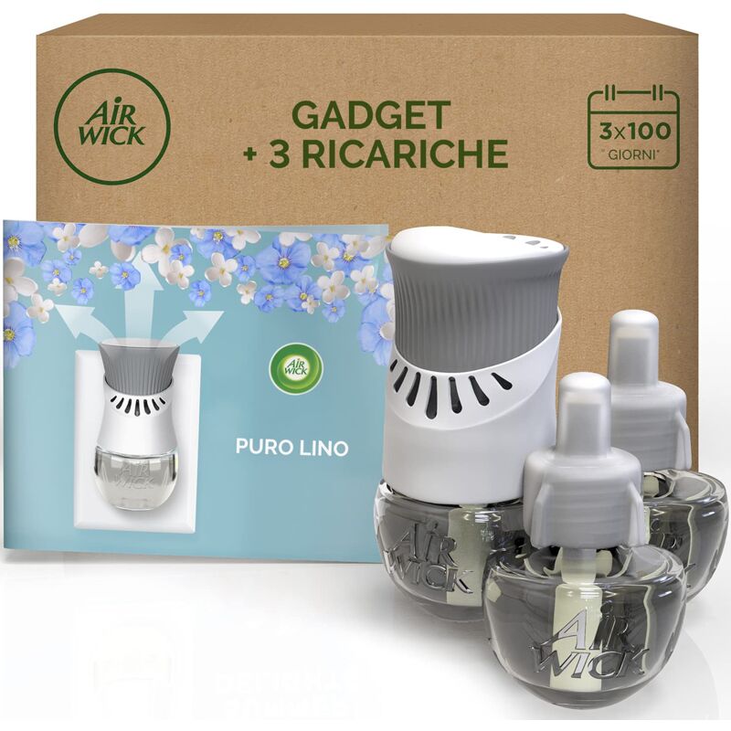 foto del prodotto air wick airwick diffusore elettrico di oli essenziali, 1 profumatore per ambienti elettrico e 3 ricariche alla fragranza puro lino con oli
