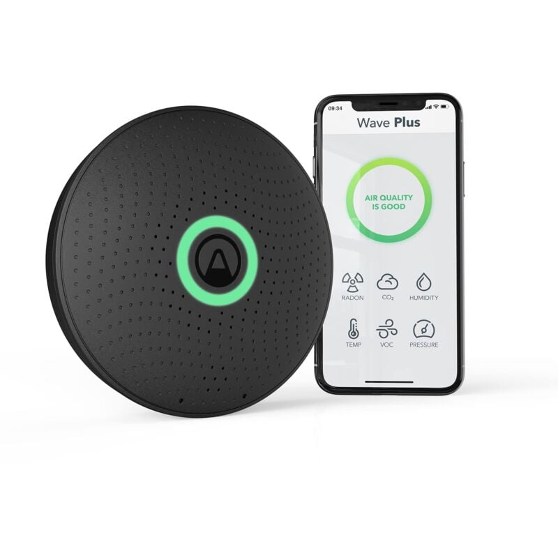 foto del prodotto airthings 2911 wave plus, monitor per il radon e la qualit dell aria con rilevatore di co2, cov, pressione atmosferica, umidit e temperatura, nero