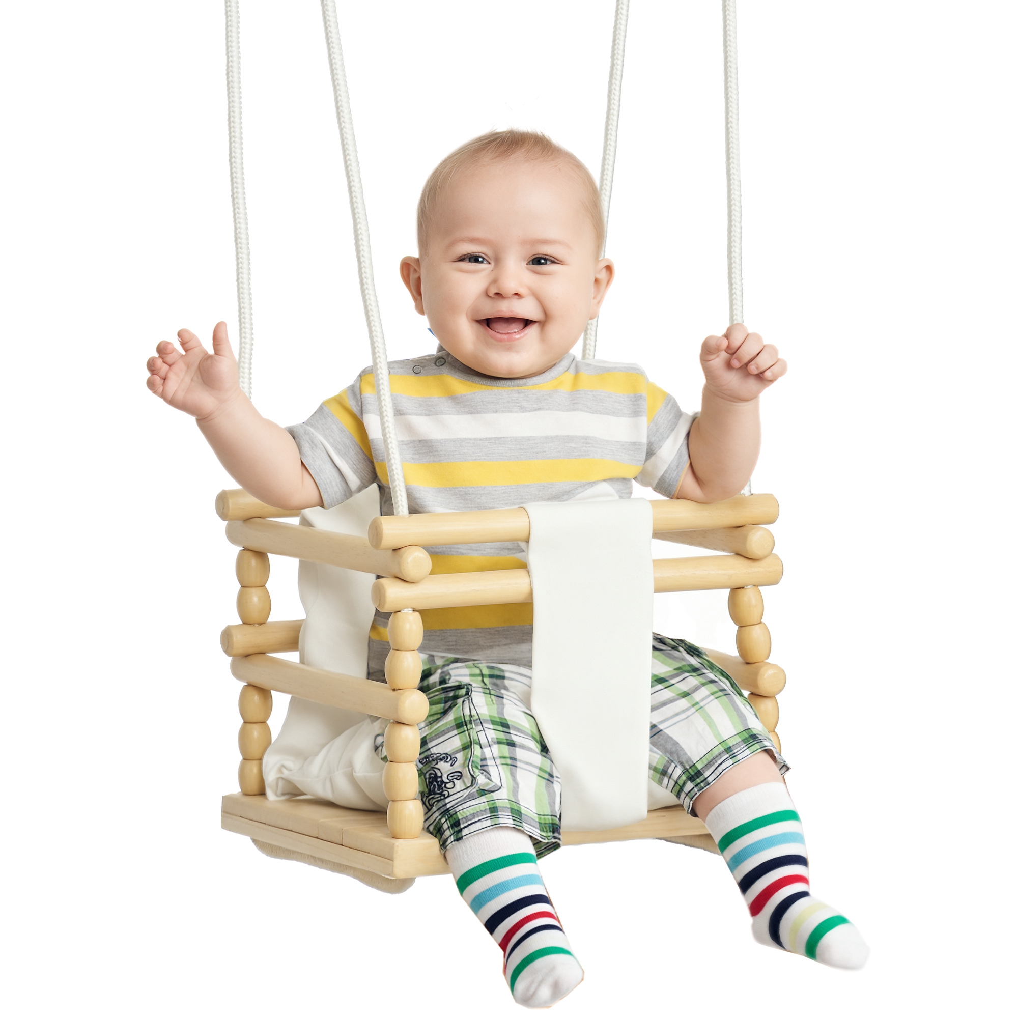 foto del prodotto aiyaplay altalena per bambini 9-36 mesi in legno e cotone con corda regolabile e cuscino, 30x30x110-180 cm aosom