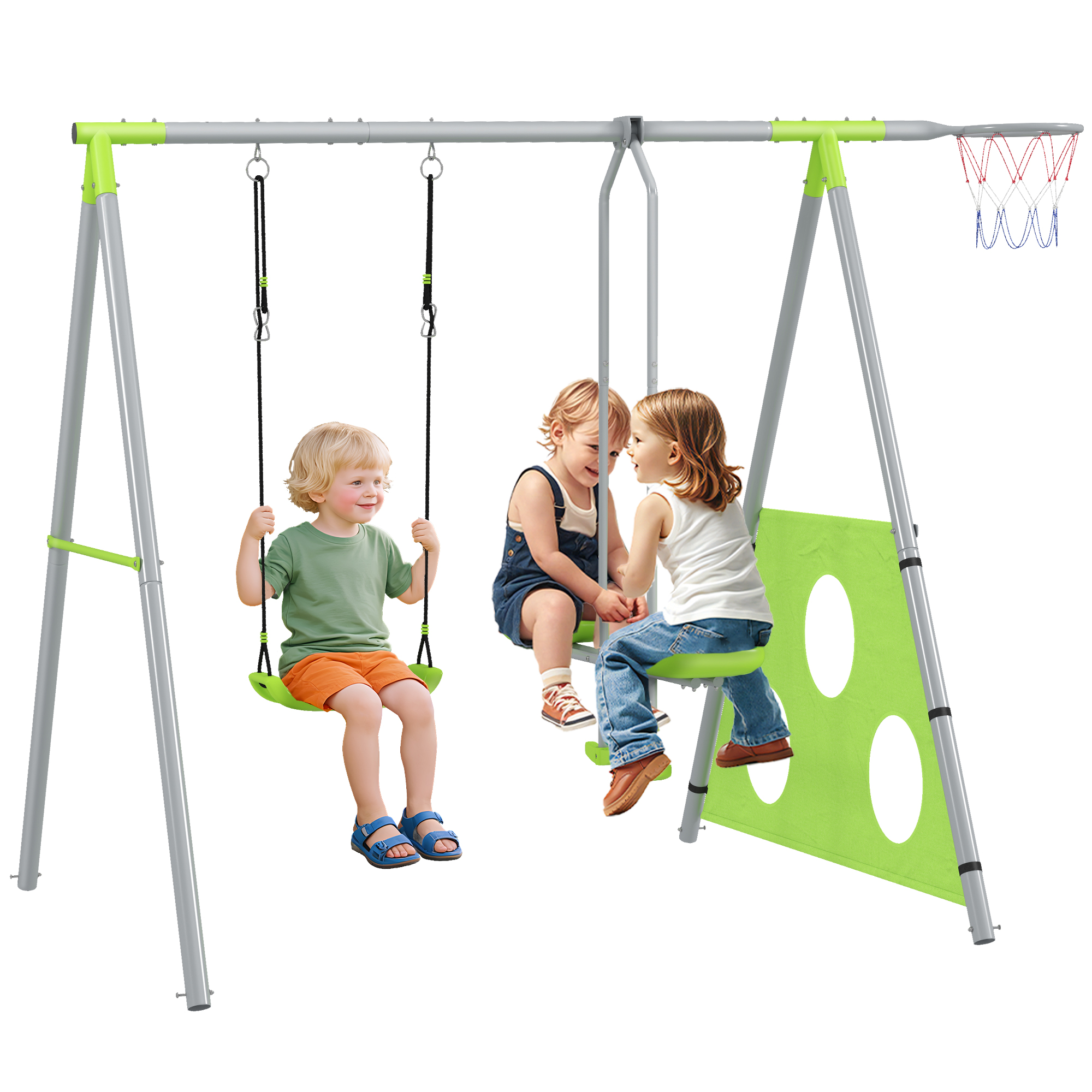 foto del prodotto aiyaplay gioco per bambini 4 in 1 con 2 altalene da giardino, canestro e porta da calcio, 215x180x182 cm, verde e grigio