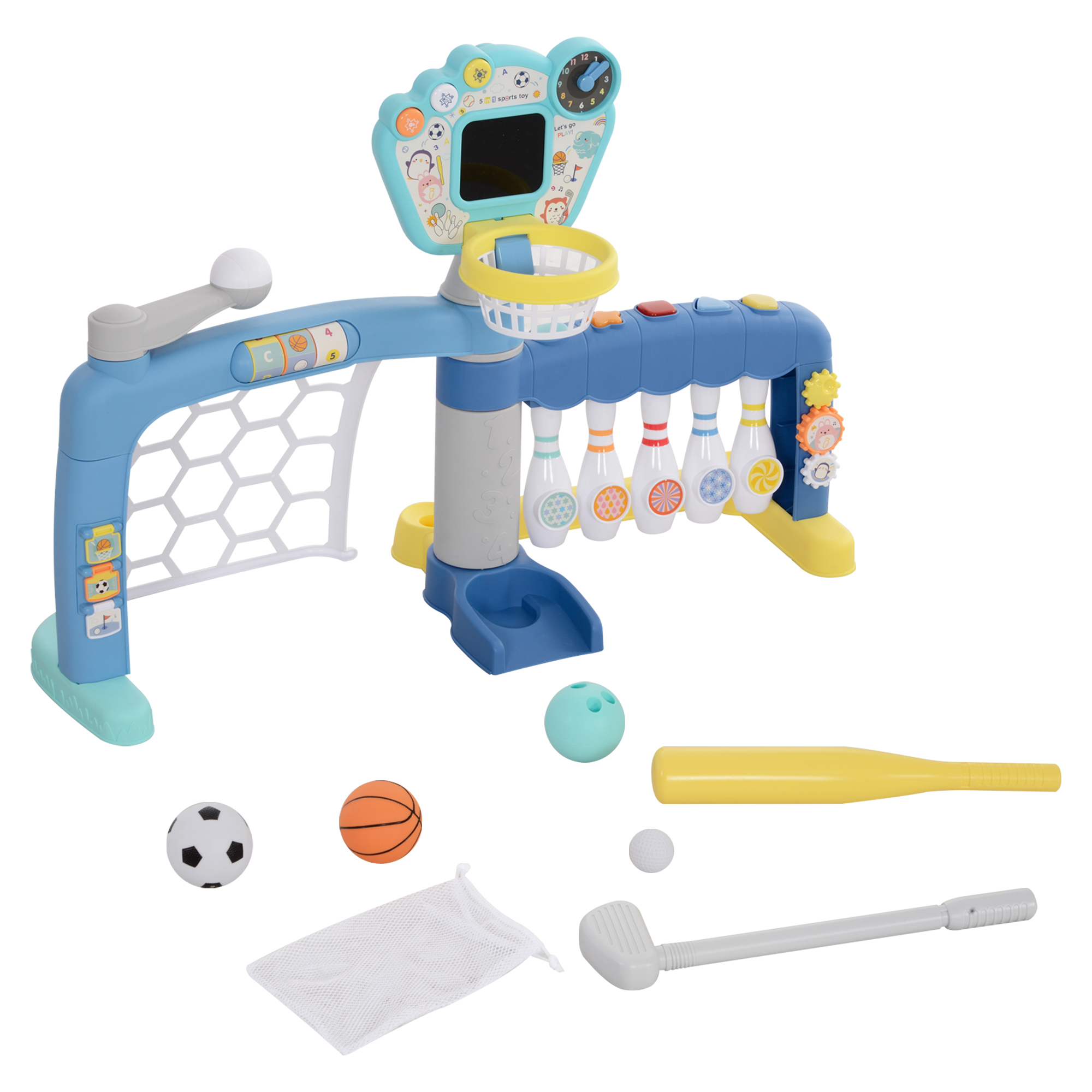 foto del prodotto aiyaplay gioco per bambini 5 in 1 per calcio, basket, golf, baseball e bowling, in pp e abs, 88.6x38.7x60.4-68 cm