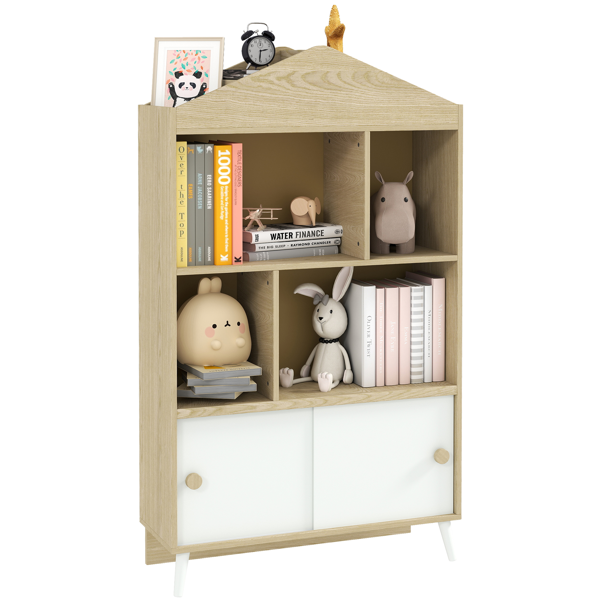 foto del prodotto aiyaplay libreria per bambini in legno con ripiani aperti e armadietto inferiore, 80x30x140.5 cm, bianco e color legno