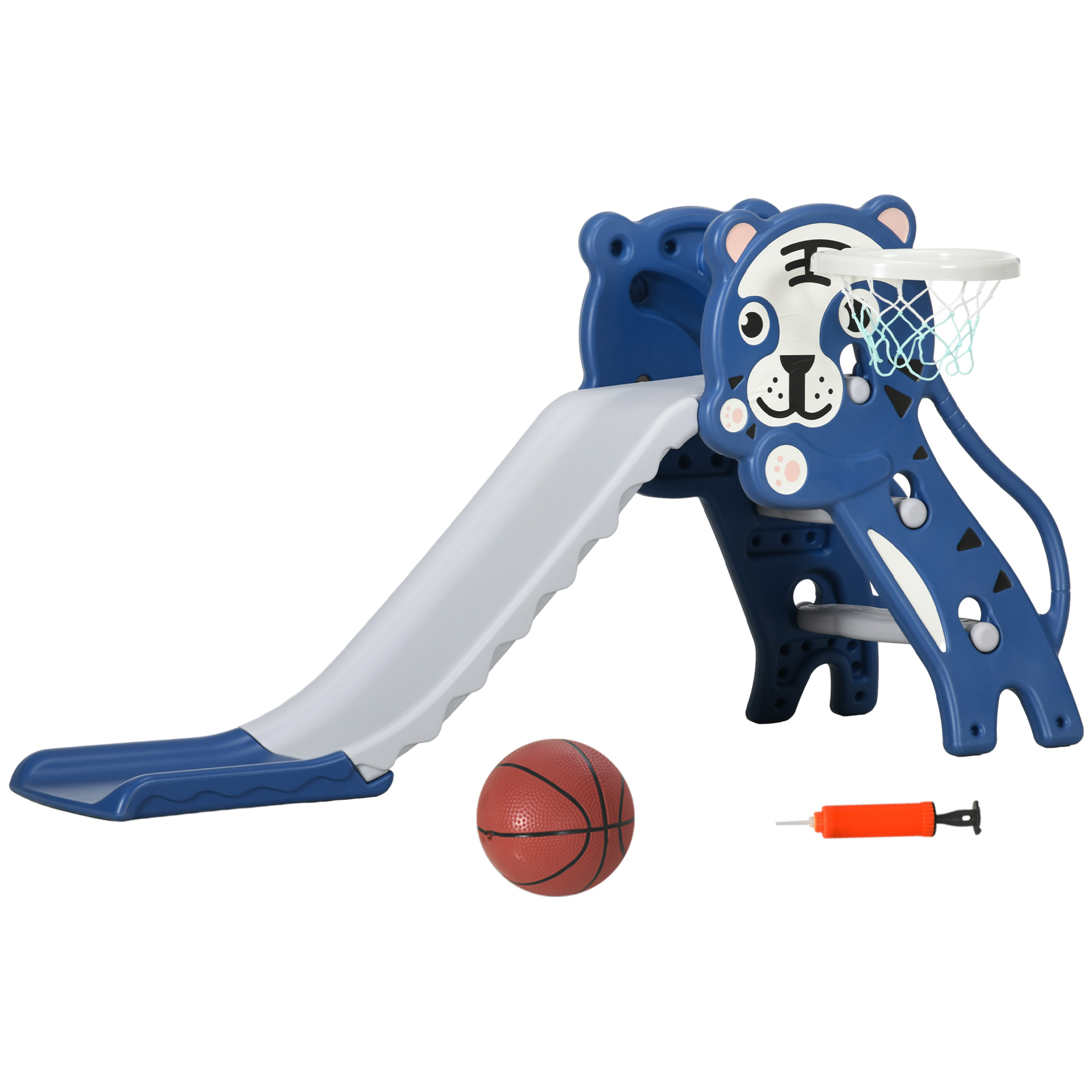 foto del prodotto aiyaplay scivolo per bambini 18-36 mesi con canestro da basket laterale in pe, 133x60x70 cm, blu e grigio