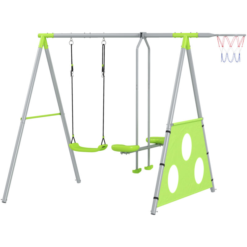 foto del prodotto aiyaplay set 4 in 1 con 2 altalene, canestro da basket e porta da calcio
