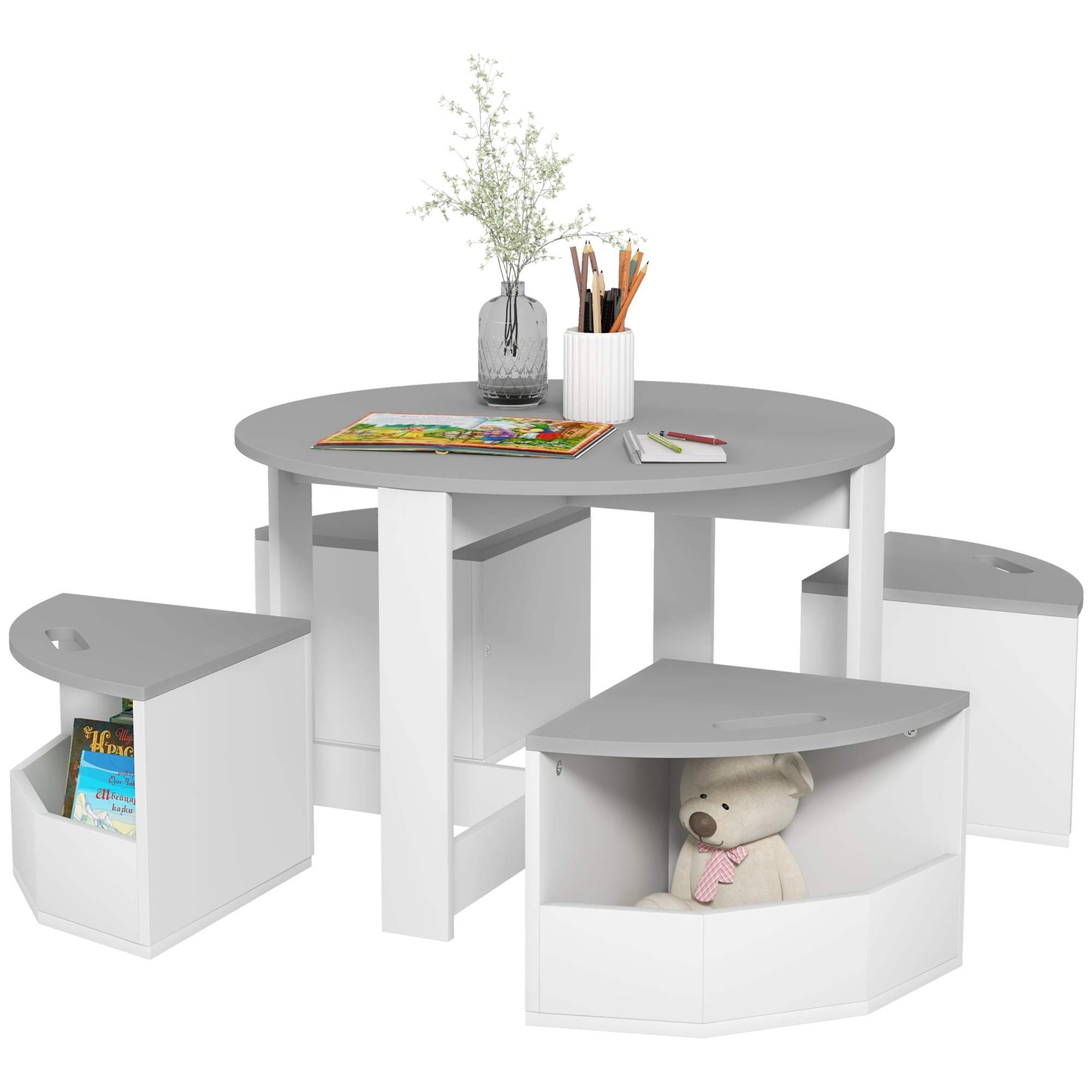 foto del prodotto aiyaplay set con tavolo per bambini e 4 sgabelli salvaspazio con vano contenitore in legno, grigio