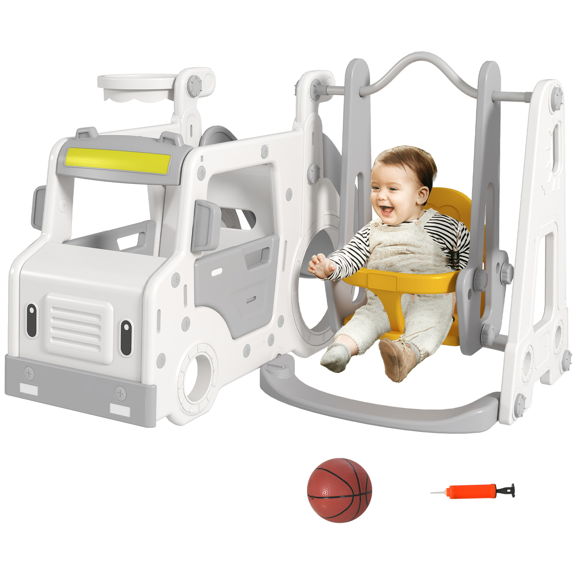 foto del prodotto aiyaplay set scivolo per bambini 18-48 mesi con altalena, macchinina e canestro, 201x151x87.5cm, bianco aosom