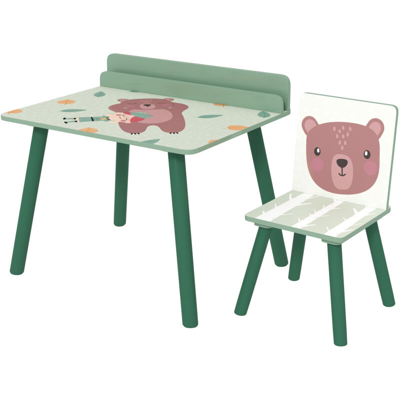 foto del prodotto aiyaplay set sedia e banchetto per bambini con ripiano in legno verde